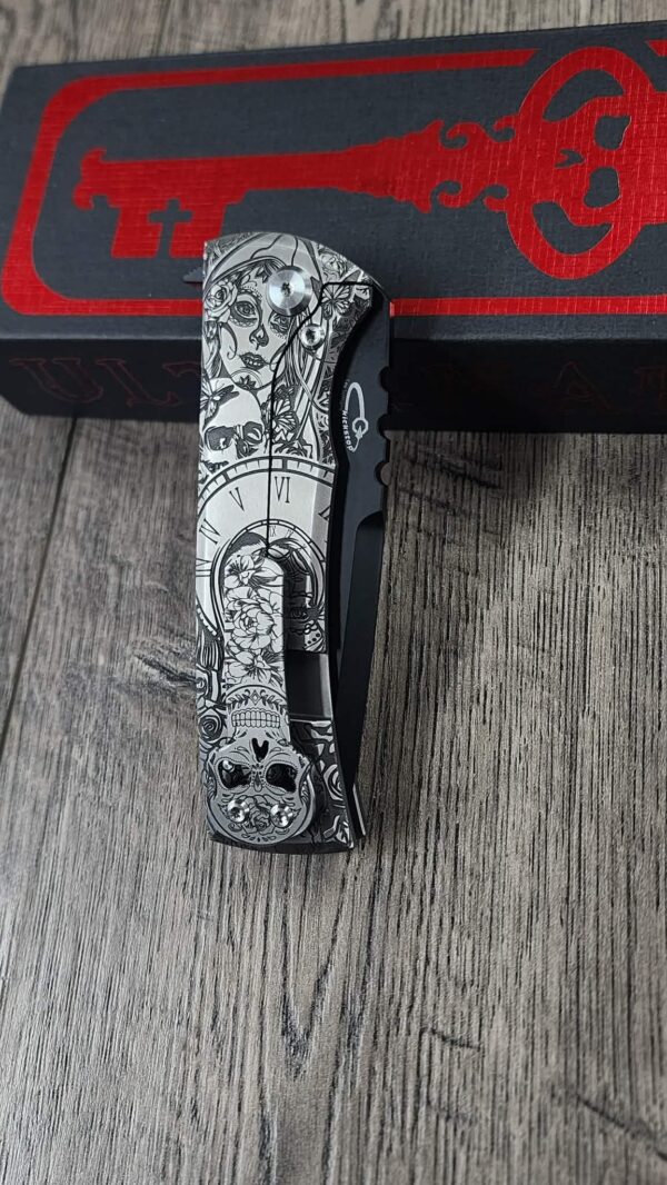 Chaves 229 Redencion Kickstop – M390 Chisel DLC Blade – Titanium w/ Full Relief Sugar Skull Engraving + Engraved Skull Clip – One-Off Custom