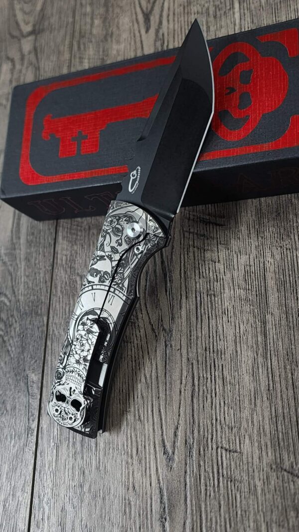 Chaves 229 Redencion Kickstop – M390 Chisel DLC Blade – Titanium w/ Full Relief Sugar Skull Engraving + Engraved Skull Clip – One-Off Custom