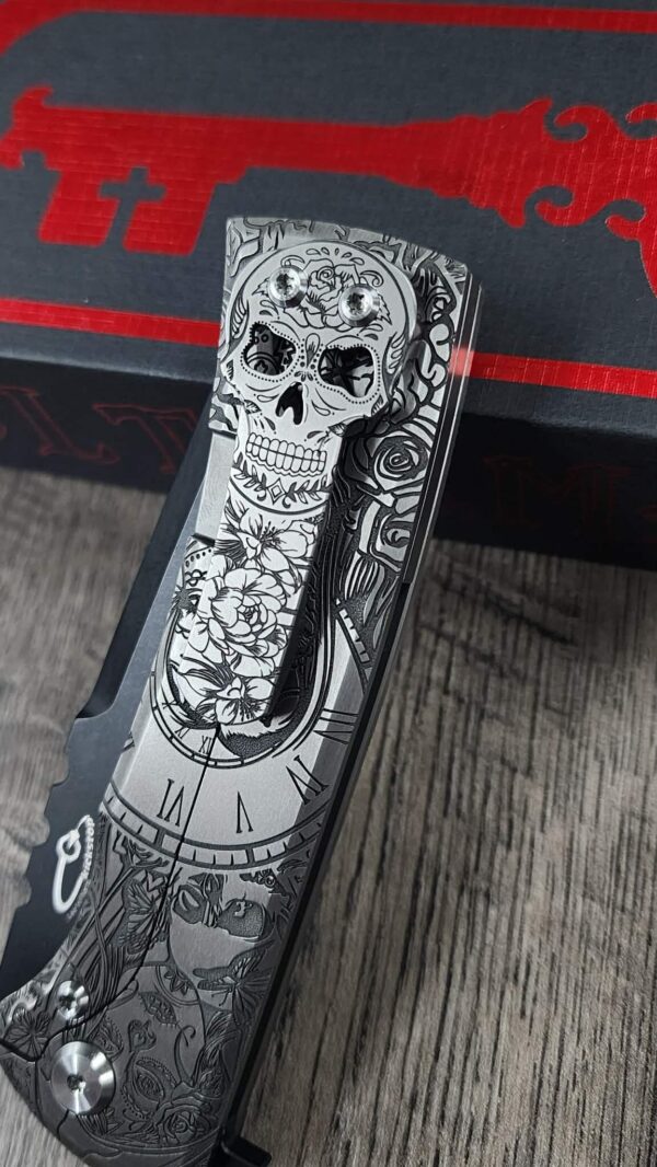 Chaves 229 Redencion Kickstop – M390 Chisel DLC Blade – Titanium w/ Full Relief Sugar Skull Engraving + Engraved Skull Clip – One-Off Custom