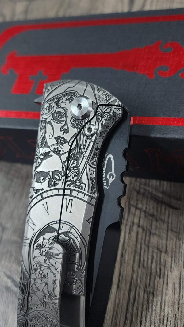 Chaves 229 Redencion Kickstop – M390 Chisel DLC Blade – Titanium w/ Full Relief Sugar Skull Engraving + Engraved Skull Clip – One-Off Custom