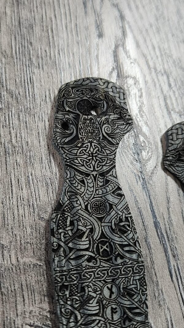 Spyderco PM3 Para 3 Scales ONLY – Black Linen Micarta Lotus w/ Viking Rune Engraving – Custom Replacement Scales