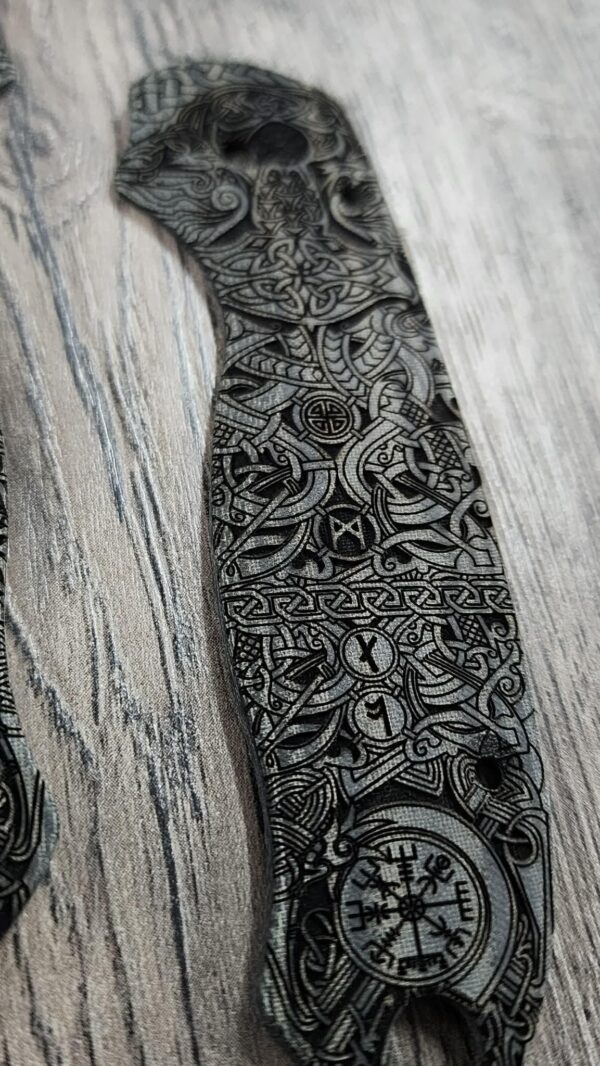 Spyderco PM3 Para 3 Scales ONLY – Black Linen Micarta Lotus w/ Viking Rune Engraving – Custom Replacement Scales