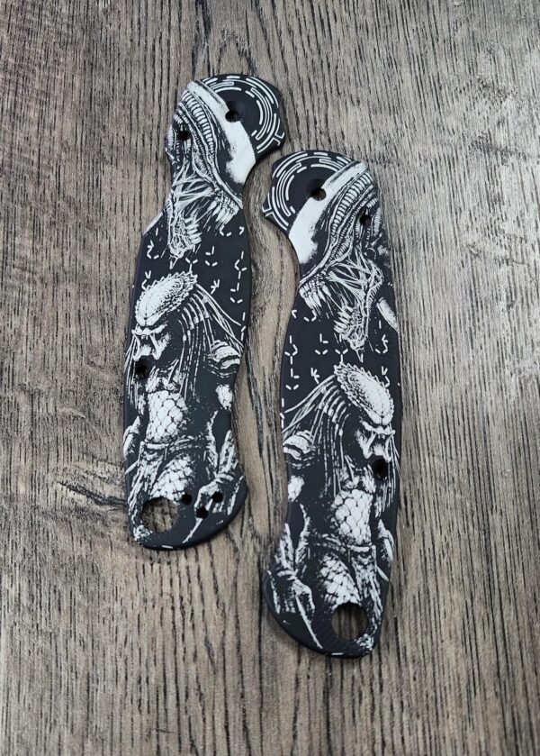 Spyderco PM2 Scales – Black Anodized Aluminum – AVP Alien vs Predator Engraving – Custom Laser Engraved – Scales Only - Flytanium Gear