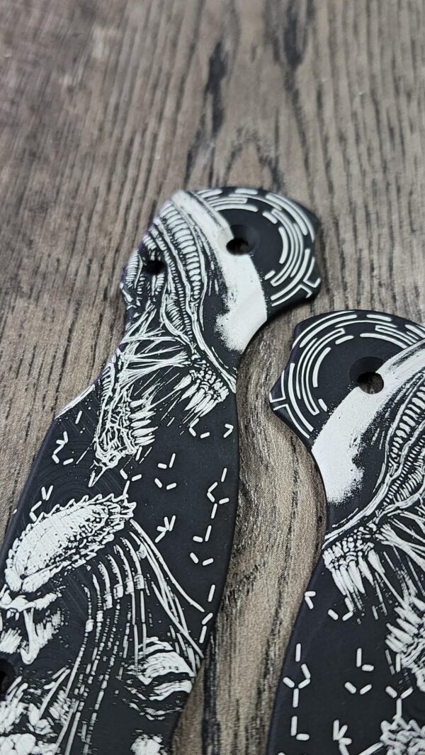 Spyderco PM2 Scales – Black Anodized Aluminum – AVP Alien vs Predator Engraving – Custom Laser Engraved – Scales Only - Flytanium Gear