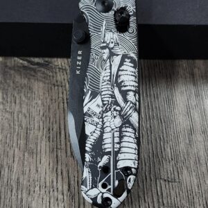 Kizer Drop Bear 2 – Samurai Engraved Knife – Custom Laser Engraving – Great Wave Pattern – EDC Folding Knife - Complete Knife