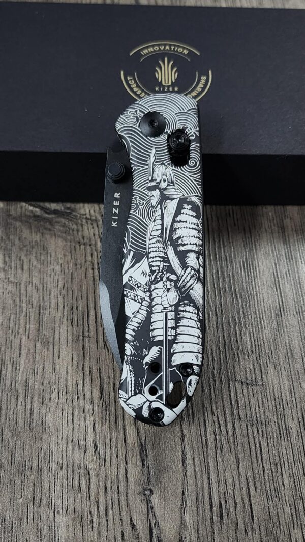 Kizer Drop Bear 2 – Samurai Engraved Knife – Custom Laser Engraving – Great Wave Pattern – EDC Folding Knife - Complete Knife