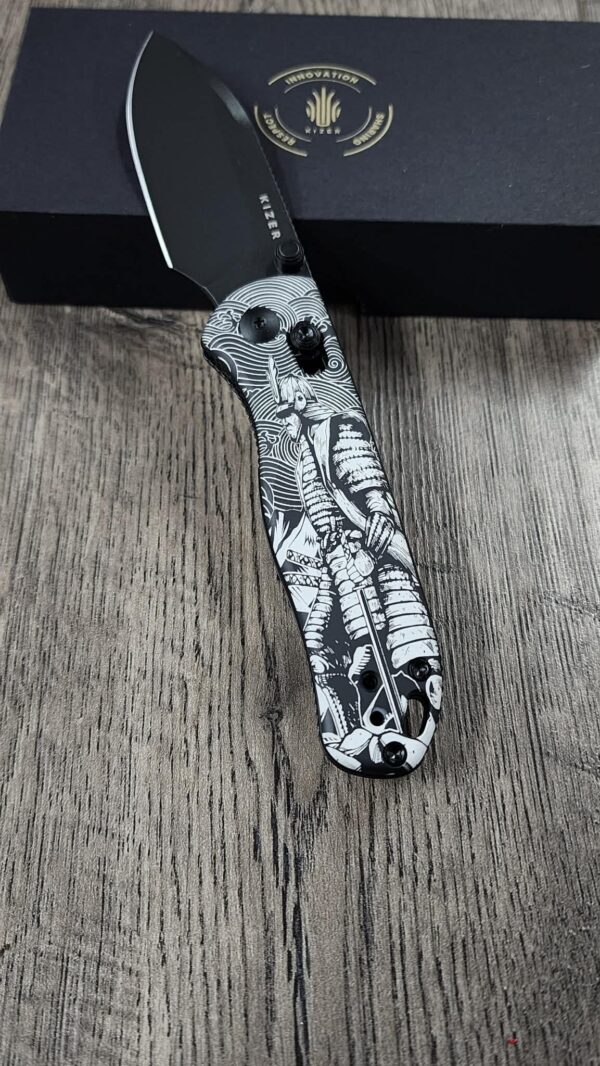Kizer Drop Bear 2 – Samurai Engraved Knife – Custom Laser Engraving – Great Wave Pattern – EDC Folding Knife - Complete Knife