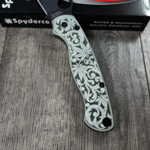 il_fullxfull.7924327174_a4ac-1-1.jpg Spyderco PM2 Loop Scales - Laser Engraved Cannabis Scroll Pattern - Aluminum Olive Drab Scales - Flytanium Gear - Knife & Hardware Optional