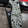 il_fullxfull.7972233103_rmmx-1-1.jpg Spyderco PM2 Loop Scales - Laser Engraved Cannabis Scroll Pattern - Aluminum Olive Drab Scales - Flytanium Gear - Knife & Hardware Optional