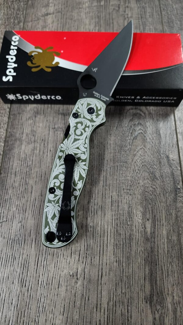il_fullxfull.7972233119_emmp-1-1.jpg Spyderco PM2 Loop Scales - Laser Engraved Cannabis Scroll Pattern - Aluminum Olive Drab Scales - Flytanium Gear - Knife & Hardware Optional