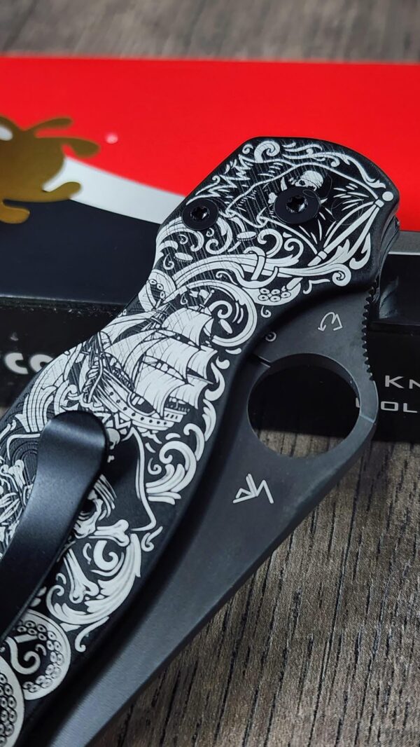 Spyderco PM2 Loop Scales - Laser Engraved Pirate Skull Design - Aluminum Void Black Scales - Flytanium Gear - Knife & Hardware Optional