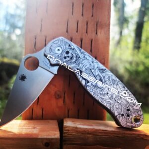 il_fullxfull.3862410476_9n5v.jpg Japanese Warrior - Samurai - Spyderco PM3 - Engraved Titanium Knife Scales - Paramilitary 3 EDC - Hardware & Knife Install Options