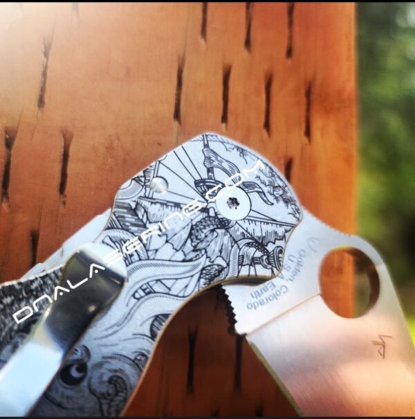 Kraken VS Pirate Ship - Spyderco PM3 - Fiber Laser Deep Engraved - Titanium Knife Scales - EDC Gear - Hardware & Knife Install Options