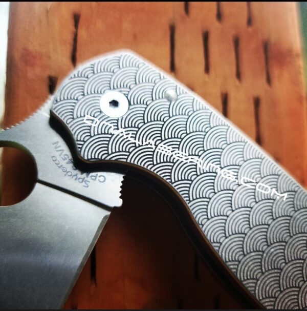 il_fullxfull.3868400073_cqjg.jpg Seigaiha Pattern - Spyderco PM3 - Engraved PM3 Titanium Knife Scales - Paramilitary 3 EDC Gear *Scales Only*