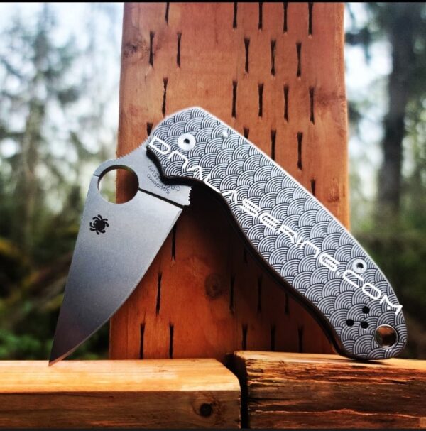 il_fullxfull.3868400087_j4dq.jpg Seigaiha Pattern - Spyderco PM3 - Engraved PM3 Titanium Knife Scales - Paramilitary 3 EDC Gear *Scales Only*