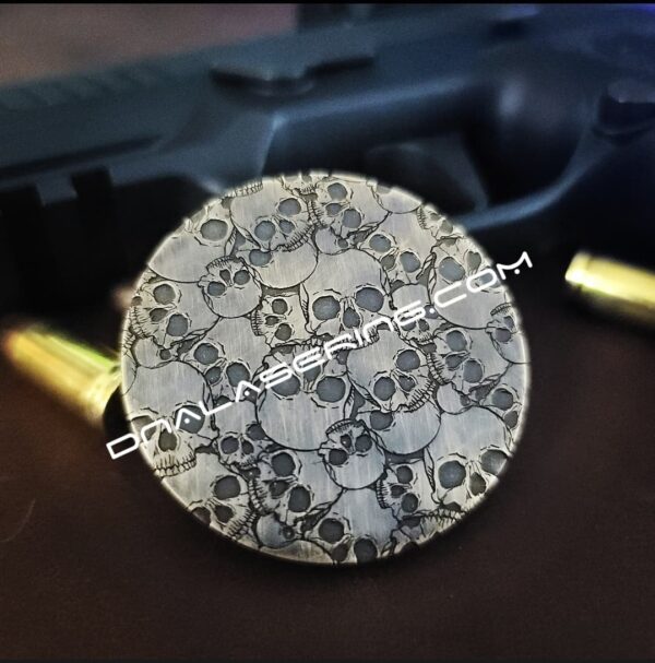 il_fullxfull.3892158168_6lbg.jpg Skulls - Aged Finish - MINI Benchmade Bugout Brass - Relief Engraved Brass Scales - Flytanium Gear *Scales/Handles Only* Optional Coin