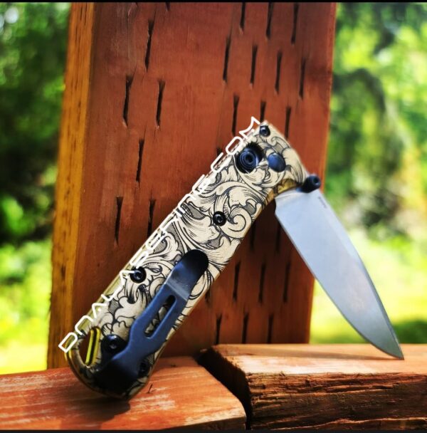 il_fullxfull.3892173828_9iit.jpg Leaf Scroll - MINI Benchmade Bugout Brass - Deep Laser Engraved Brass Scales - Flytanium Gear *Scales / knife handles Only*