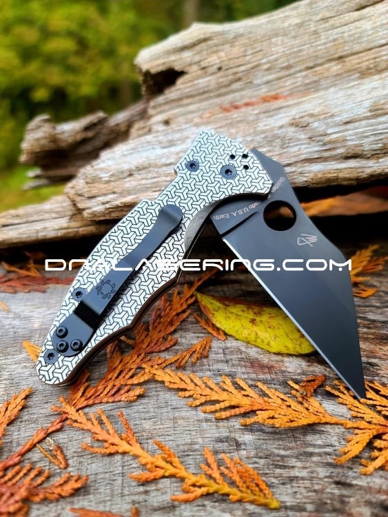 il_fullxfull.3920369172_shjz.jpg Geometric Pattern - Spyderco Yojimbo 2 - Deep Laser Engraved - Stonewash Titanium Scales - EDC Gear - Fully Installed Knife Option