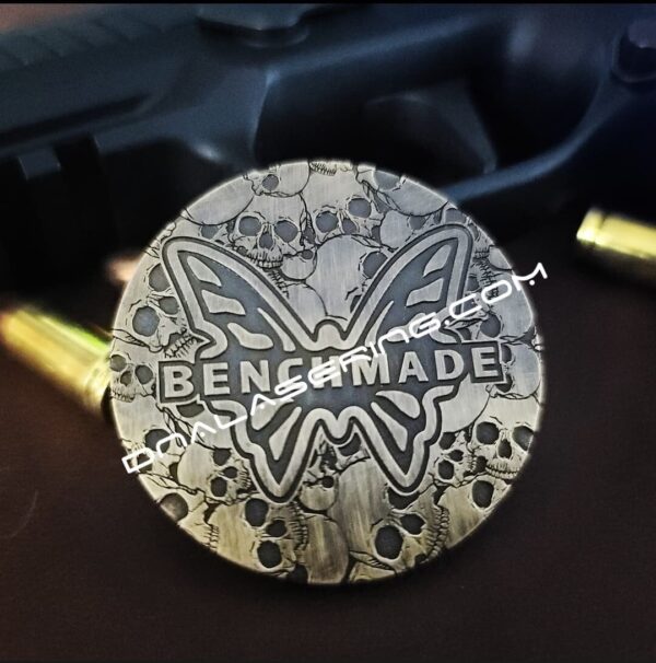 il_fullxfull.3939648465_rh4z.jpg Skulls - Aged Finish - MINI Benchmade Bugout Brass - Relief Engraved Brass Scales - Flytanium Gear *Scales/Handles Only* Optional Coin