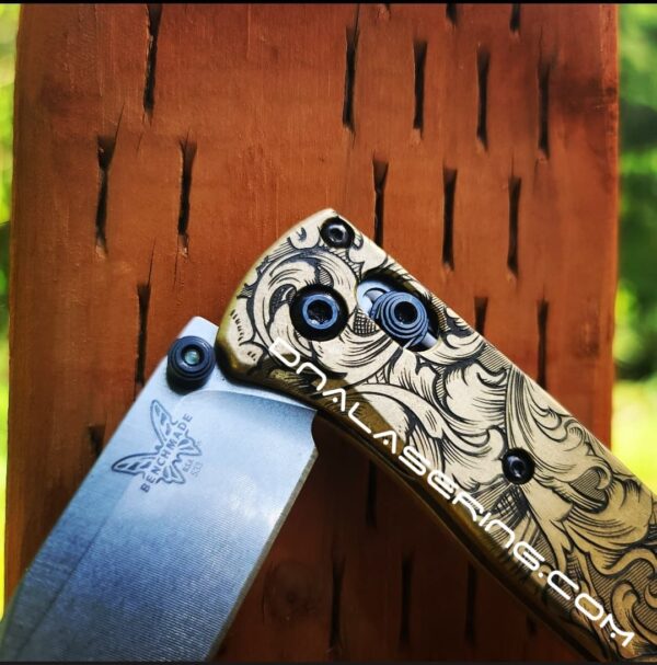 il_fullxfull.3939664419_7s8f.jpg Leaf Scroll - MINI Benchmade Bugout Brass - Deep Laser Engraved Brass Scales - Flytanium Gear *Scales / knife handles Only*
