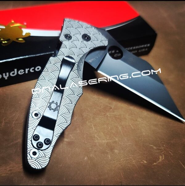 Seigaiha Pattern - Japanese Waves - Spyderco Yojimbo 2 - Deep Laser Engraved - Stonewash Titanium Scales - EDC Gear *Knife Install Optional*