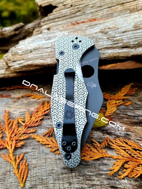 il_fullxfull.3967874213_4zs4.jpg Geometric Pattern - Spyderco Yojimbo 2 - Deep Laser Engraved - Stonewash Titanium Scales - EDC Gear - Fully Installed Knife Option
