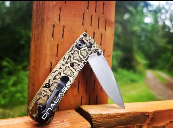 il_fullxfull.4005054437_sgkg.jpg Snakeskin - Reptile Pattern - MINI Benchmade Bugout Brass - Deep Laser Engraved Brass Scales - Flytanium Gear *Scales / Knife handles Only*