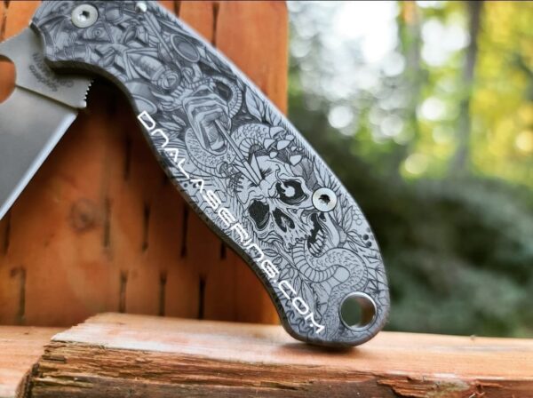 il_fullxfull.4201515689_4kt4.jpg The Undying - Spyderco PM3 TI - Deep Laser Engraved Titanium Knife Scales - Paramilitary 3 - Optional Hardware & Knife Install