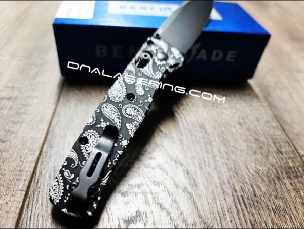 il_fullxfull.4534067174_sz22.jpg Paisley Bandana Pattern - Benchmade Bugout - Laser Engraved Scales - Black Cerakote - Aluminum - Scales/Handles Only *Optional Hardware*