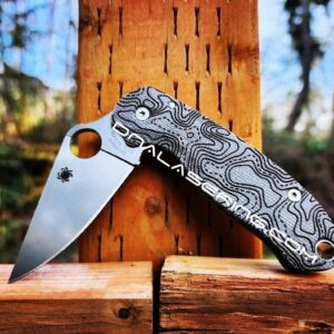 il_fullxfull.4731362990_8odj.jpg Topographic - Spyderco PM3 Lotus - Engraved Black Linen Micarta Knife Scales - Flytanium Gear - Knife & Hardware Optional