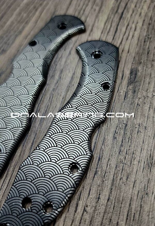 il_fullxfull.4753641586_zfcc.jpg Seigaiha Japanese Waves - Spyderco Delica TI - Deep Laser Engraved Titanium Scales - Flytanium - EDC Gear - Optional Knife Install