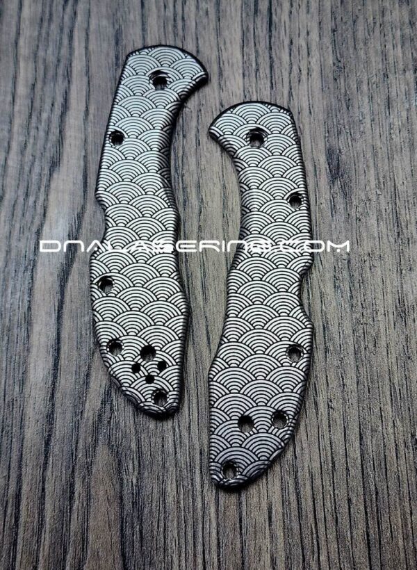 il_fullxfull.4756725490_4ro8.jpg Seigaiha Japanese Waves - Spyderco Delica TI - Deep Laser Engraved Titanium Scales - Flytanium - EDC Gear - Optional Knife Install