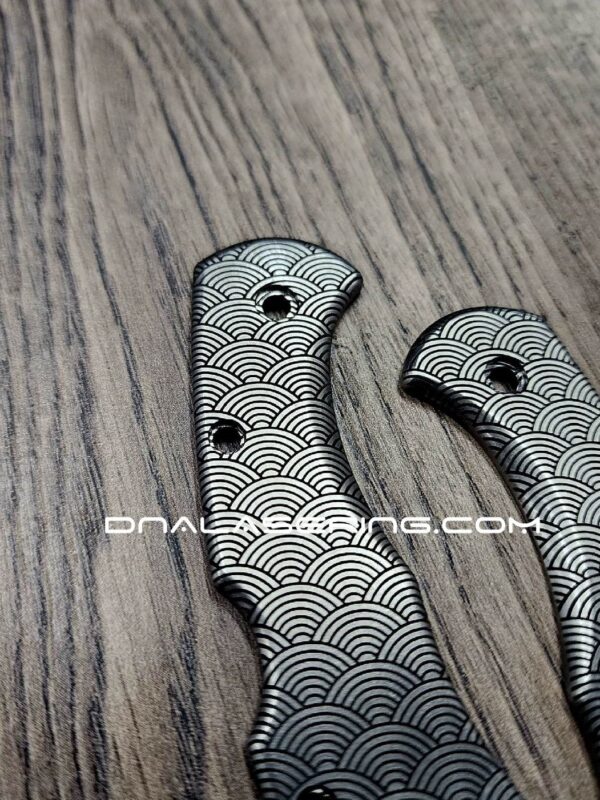 il_fullxfull.4801900877_dt9p.jpg Seigaiha Japanese Waves - Spyderco Delica TI - Deep Laser Engraved Titanium Scales - Flytanium - EDC Gear - Optional Knife Install
