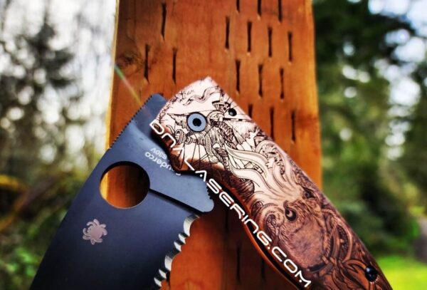 il_fullxfull.4827009560_sk8h.jpg Kraken VS Pirate Ship - Spyderco Shaman - Laser Engraved Copper Knife Scales - Flytanium *Optional Knife Install*