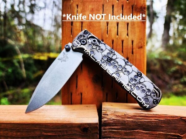 il_fullxfull.4846262397_bwht.jpg Skulls - Aged Finish - MINI Benchmade Bugout Brass - Relief Engraved Brass Scales - Flytanium Gear *Scales/Handles Only* Optional Coin