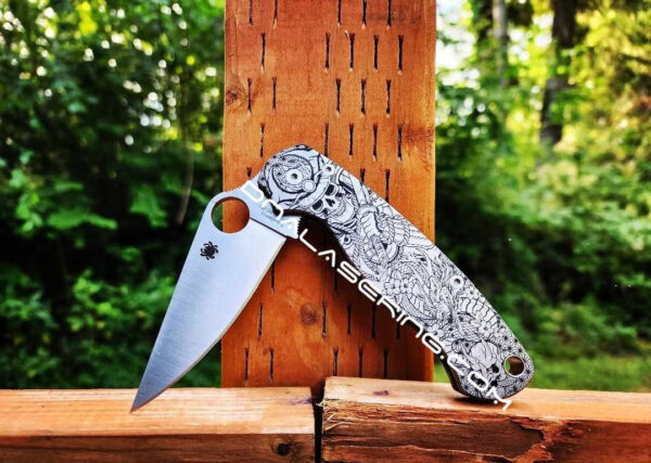 il_fullxfull.5132152861_29v6.jpg Death Warrior - Spyderco PM2 - Engraved PM2 Titanium Knife Scales - Paramilitary 2 EDC - Knife & Hardware Optional