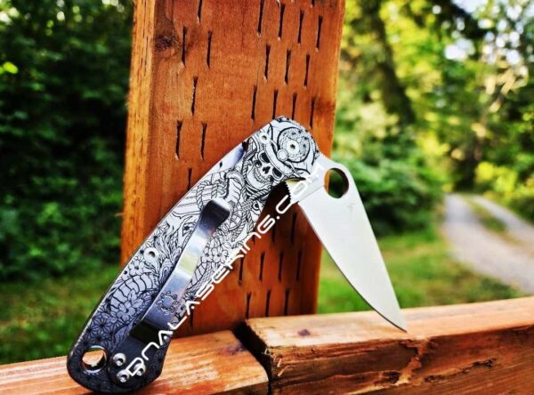 il_fullxfull.5132152875_sz3v.jpg Death Warrior - Spyderco PM2 - Engraved PM2 Titanium Knife Scales - Paramilitary 2 EDC - Knife & Hardware Optional