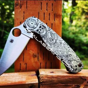 il_fullxfull.5132152877_eshu.jpg Death Warrior - Spyderco PM2 - Engraved PM2 Titanium Knife Scales - Paramilitary 2 EDC - Knife & Hardware Optional