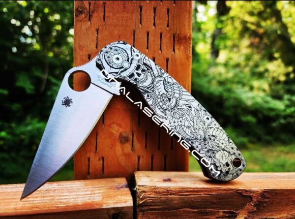 il_fullxfull.5132152877_eshu.jpg Death Warrior - Spyderco PM2 - Engraved PM2 Titanium Knife Scales - Paramilitary 2 EDC - Knife & Hardware Optional