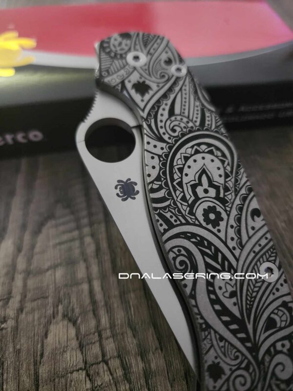 il_fullxfull.5234160750_53j4.jpg Paisley Leaf - Spyderco PM2 - Engraved PM2 Titanium Knife Scales - Paramilitary 2 EDC - Knife & Hardware Optional Flytanium Gear