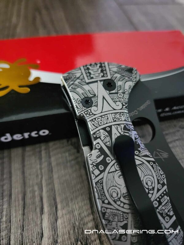 il_fullxfull.5376076621_lbbe.jpg Aztec Calendar - Spyderco Yojimbo 2 - Deep Laser Engraved - Titanium Scales - EDC Gear - Fully Installed Knife Option