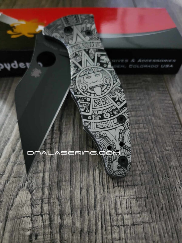 il_fullxfull.5376078023_jezm.jpg Aztec Calendar - Spyderco Yojimbo 2 - Deep Laser Engraved - Titanium Scales - EDC Gear - Fully Installed Knife Option