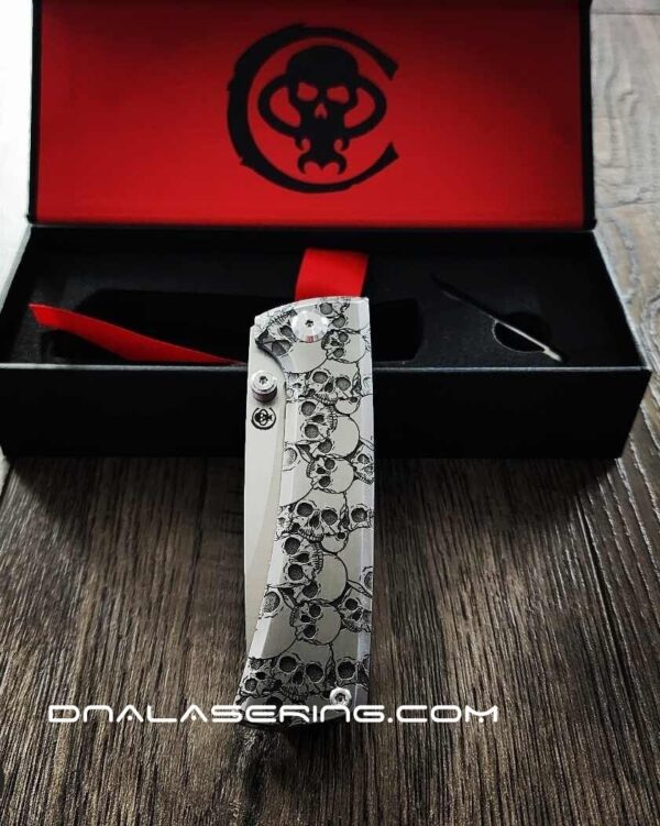 Chaves Knives Relief Engraved RCK9 With Skull Design!! Titanium - M390 steel - COMPLETE KNIFE!! With Extra clip - New in box