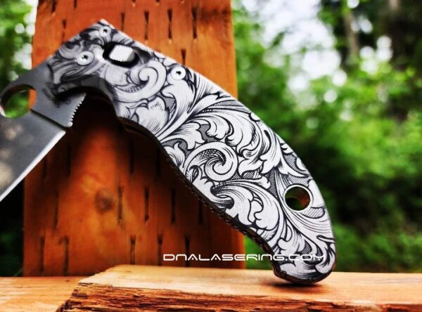 il_fullxfull.5748983951_nnt0.jpg Detailed Leaf Scroll - Spyderco Manix 2 - Deep Fiber Laser Engraved Titanium Scales - Flytanium Gear *Knife Install Optional*