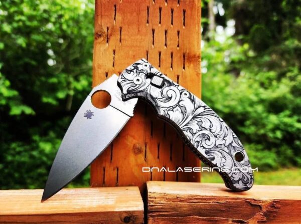 il_fullxfull.5748984679_jlly.jpg Detailed Leaf Scroll - Spyderco Manix 2 - Deep Fiber Laser Engraved Titanium Scales - Flytanium Gear *Knife Install Optional*