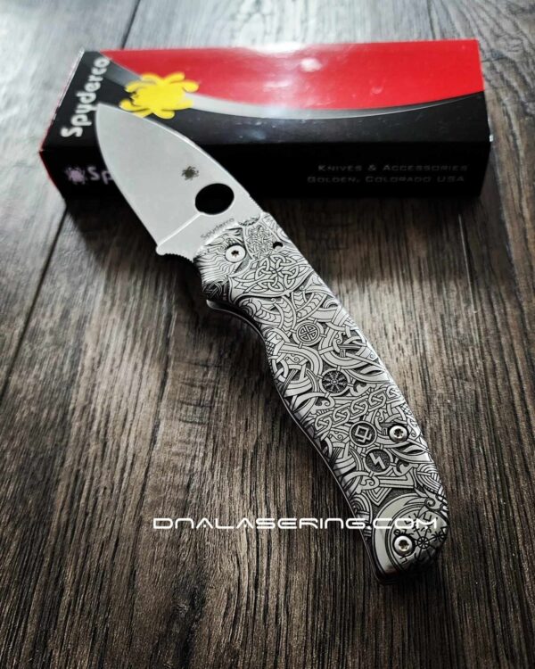 Spyderco Shaman - Viking Runes - Relief Laser Engraved - Titanium scales - Complete Knife - LynchNW Clip - Phosphor Washers - TI Backspacer