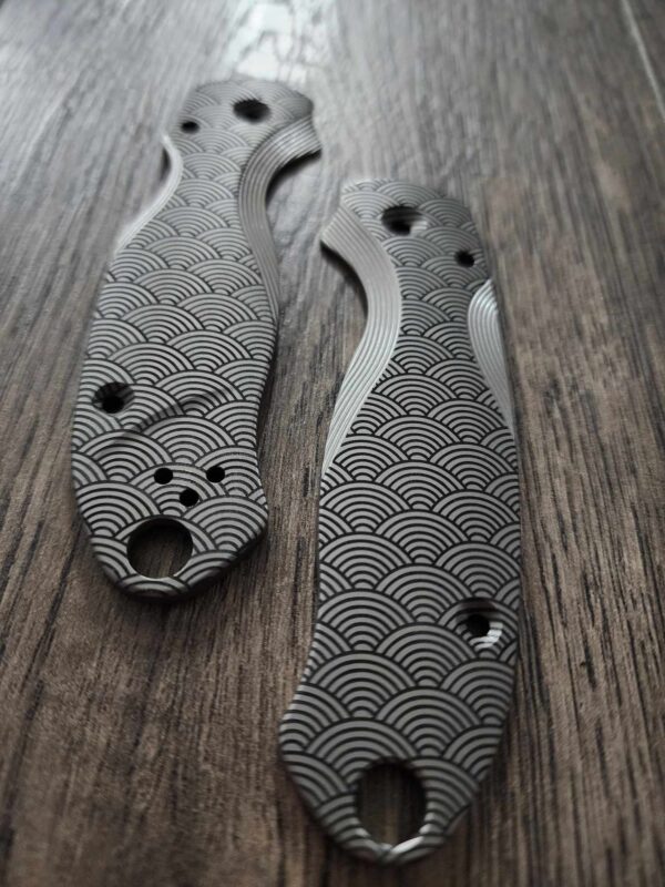 il_fullxfull.5831544946_q9h4.jpg PM3 Lotus with Seigaiha Waves Engraved -Titanium Scales for Spyderco Paramilitary 3 - Bead Blasted - Flytanium Gear - Knife Install Optional