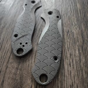 il_fullxfull.5831546066_a1f3.jpg PM3 Lotus with Seigaiha Waves Engraved -Titanium Scales for Spyderco Paramilitary 3 - Bead Blasted - Flytanium Gear - Knife Install Optional