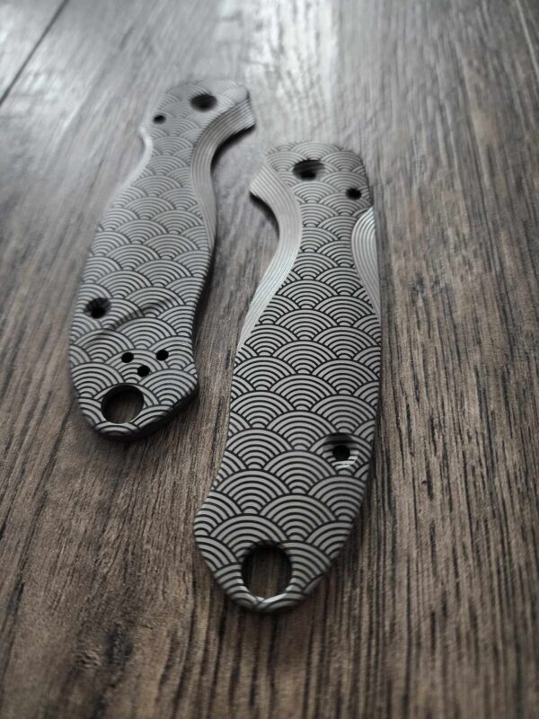 il_fullxfull.5831546066_a1f3.jpg PM3 Lotus with Seigaiha Waves Engraved -Titanium Scales for Spyderco Paramilitary 3 - Bead Blasted - Flytanium Gear - Knife Install Optional