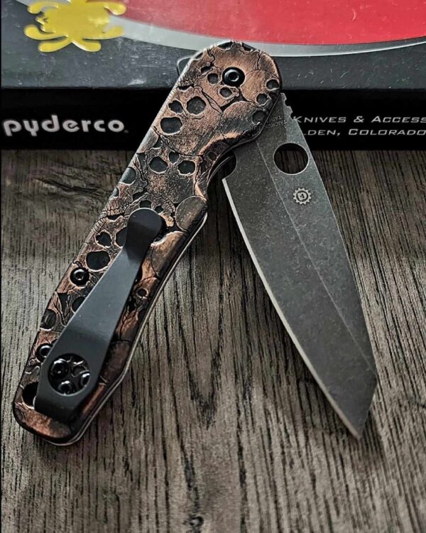 il_fullxfull.5860634258_tsjq.jpg 3D Skulls - Spyderco Smock - NEW Relief Engraving Style w/ Aging - Fiber Laser Engraved copper Scales - EDC Gear *Knife Install Optional*